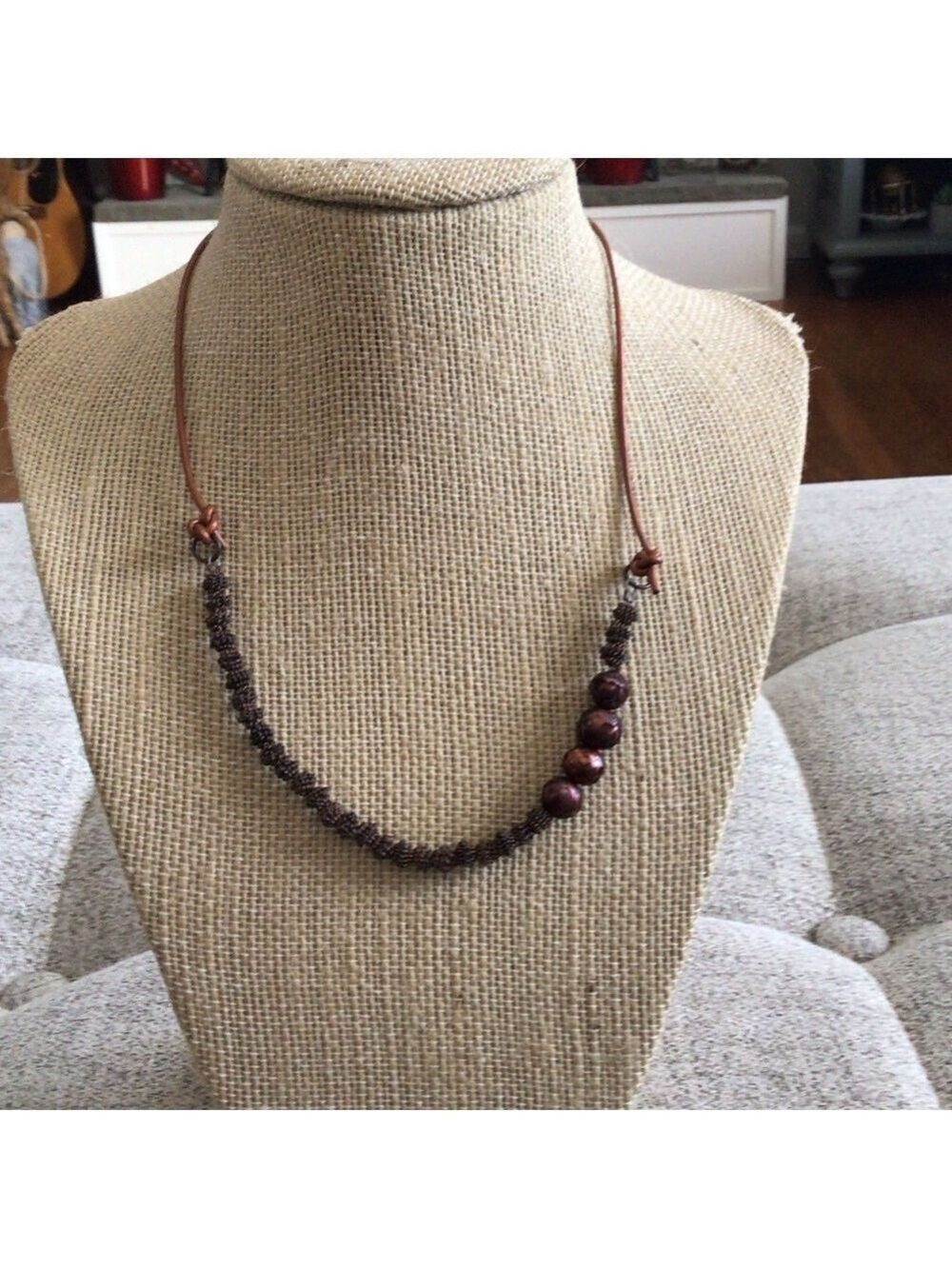 Handmade Brown Beaded Necklace – Copper, Pearl & Leather